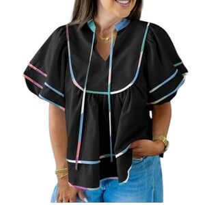 Cicy Bell Boho Peasant Lantern Sleeve V Neck Black Top NWT Size S